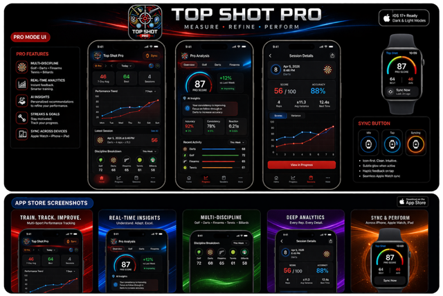 TopShot Pro — Pro Mode UI, App Store Screenshots, Apple Watch sync, multi-discipline analytics